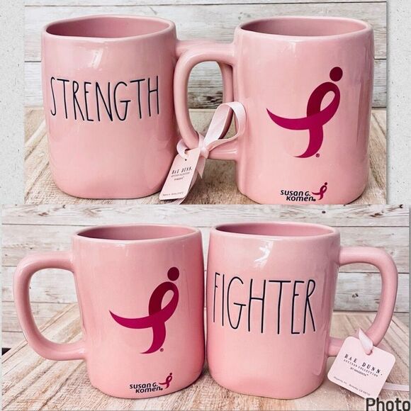 NWT Rae Dunn 2 Pc FIGHTER STRENGTH Pink Black Glossy Ceramic Susan Komen Mug Set - Picture 1 of 12